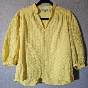 Draper James Lemon Eyelet Puff Sleeve V-Neck Top M